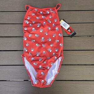 TYR Womens DiamondFit Burnt Orange Rockstar Skulls 1 PC Swim Sz 32 NEW